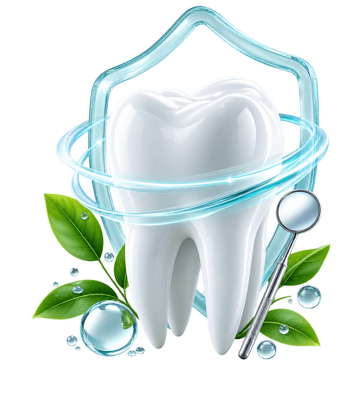 Glossy 3D tooth with a protective shield outline, dental mirror, and leaves